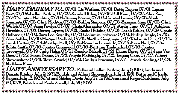 Text Box: Happy Birthday to 07/01-Liz Wathen, 07/01-Betty Rogers, 07/01-Lynne Barr, 07/02-Lellan Barlow, 07/02-Randall Riley, 07/02-Bill Renn, 07/02-Alex Ray, 07/03-Logan Hutchins, 07/04-Timmy Frazier, 07/06-Gabriel Lemar, 07/06-Noah Jennings, 07/06-Chris Hodges, 07/06-Bobby Simpson, 07/06-Branson Sims, 07/06-Chris Welch, 07/07-Amy Fowler, 07/07-Chris Alexander, 07/07-Andy Case,  07/07-Addison Hutchins, 07/08-Dorsey Lyvers, 07/08-Rachel Ritchie, 07/08-Sarah Eckler, 07/09-Cassie Holbrook, 07/09-Sara Lee Royalty, 07/09-Johnnie Jackson, 07/09-Phillip Tingle, 07/10-Alex Settles, 07/10-Margie Bradford, 07/11-Martha Geoghegan, 07/13-Laura Dick, 07/14-Jacob Carter, 07/14-Marilyn Hall, 07/15-Brandon Lyvers, Jr., 07/15-Evan Hall, 07/15-Robin Smith, 07/16-Jessica Greenwell, 07/16-Brittany Tischondorf, 07/16-Jessica Greenwell, 07/19-Judy Hahn, 07/21-Brooke Bishoff, 07/21-Diane Berry, 07/21-Jane Ver Dow, 07/22-Susan Boone, 07/25-Austin Mattingly, 07/25-Tommy Case, 07/27-Albert Shewmaker, 07/28-Steve Arnold, 07/29-Cailtyn Bowman, 07/31-Dereck Keeling, 07/31-Matthew RoneHappy Annive rsary to Patti and Lellan Barlow, July 6, 1996; Linda and Donnie Ritchie, July 9, 1971; Beulah and Albert Shewmaker, July 11, 1951; Betty and Charlie Rogers, July 16, 1965; Pat and Shirley Davis, July 27, 1979; Donna and Roger Burkhead, July 29, 1978; Patrick and Paula Sissell, July 29, 1972